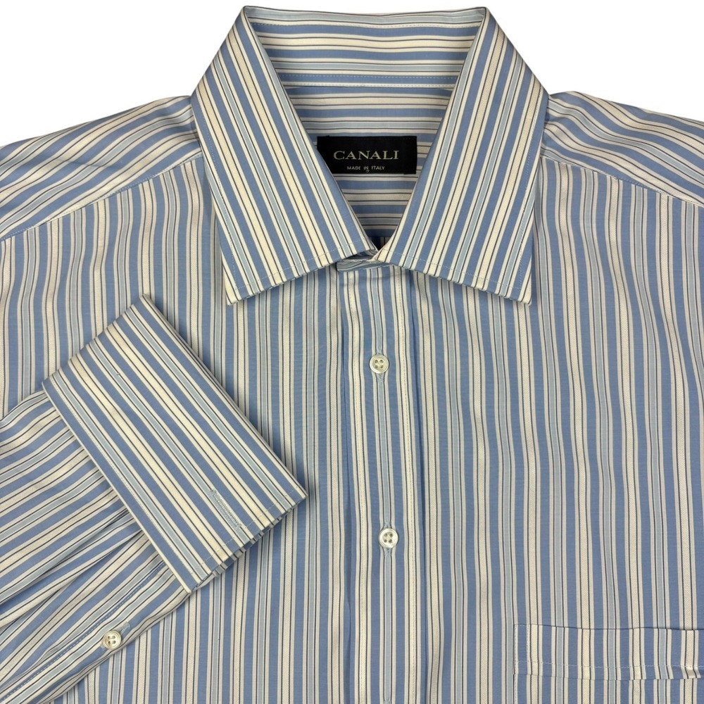 Canali French Cuff Dress Shirt Mens 17 Blue White‎ Striped Made in Italy NEW